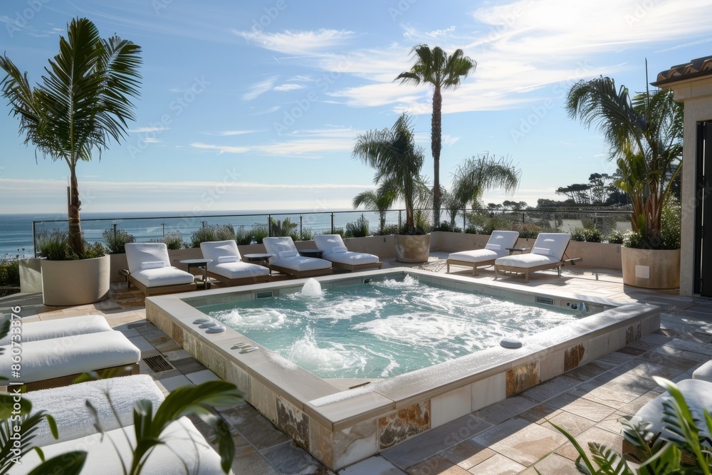 Fototapeta premium Swimming pool in luxury villa on the beach. Nobody inside
