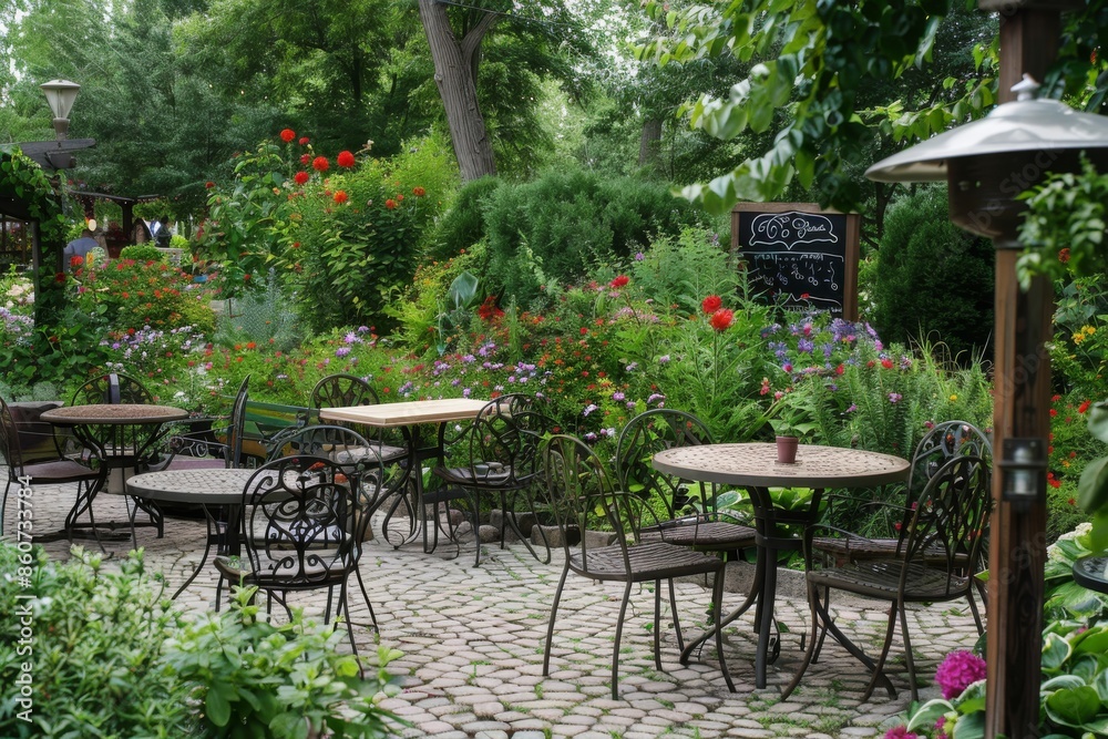 Outdoor cafe in the garden with tables, chairs and flowers. Outdoor cafe in the garden with tables, chairs and flowers.