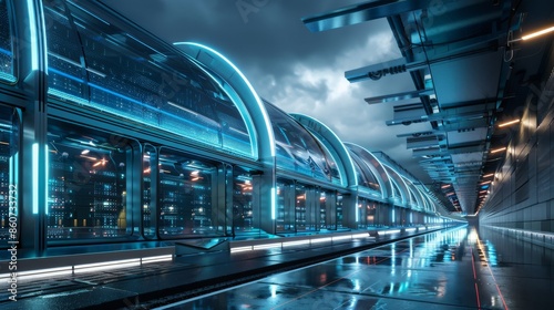 High speed train in the city at night. 3D rendering.