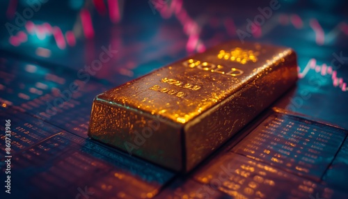A solitary gold bar sits regally atop a vibrant financial market chart, depicting the fine line between wealth and finance, and the dazzling allure of investments. photo