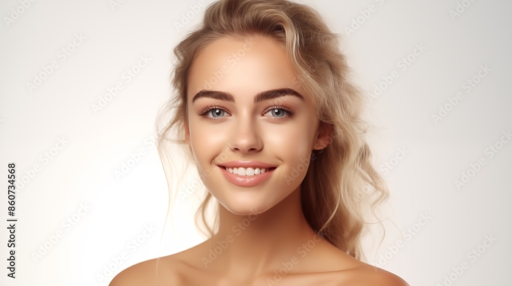 Portrait of young happy woman looks in camera. Skin care beauty, skincare cosmetics, dental concept isolated over white background. Portrait of young happy woman looks in camera. Skin care beauty, skincare cosmetics, dental concept isolated over white background.