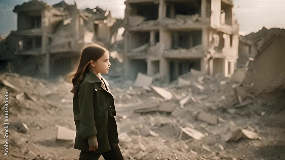 Young Girl Standing in War-Torn City Generative AI Young Girl Standing in War-Torn City Generative AI