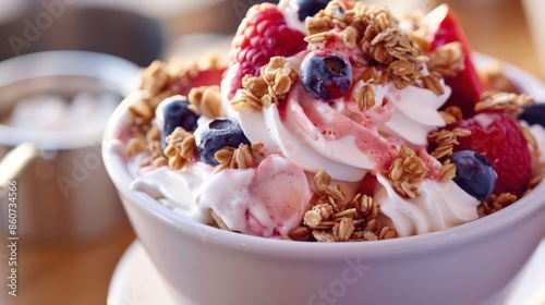 A mouthwatering photo of a frozen yogurt topped with fresh fruit and granola, showcasing the creamy texture, tangy flavor, and customizable toppings of this popular frozen treat