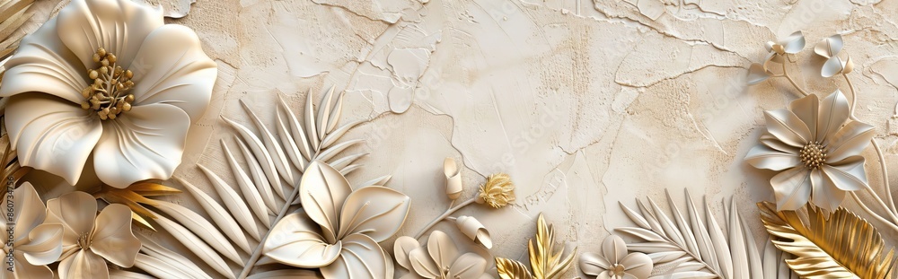 Gold floral plants and palm leaves Wallpaper Mural, 3d illustration, grey background, abstract tropical leaves, banana leaves with 3d lines. AI generated illustration Gold floral plants and palm leaves Wallpaper Mural, 3d illustration, grey background, abstract tropical leaves, banana leaves with 3d lines. AI generated illustration