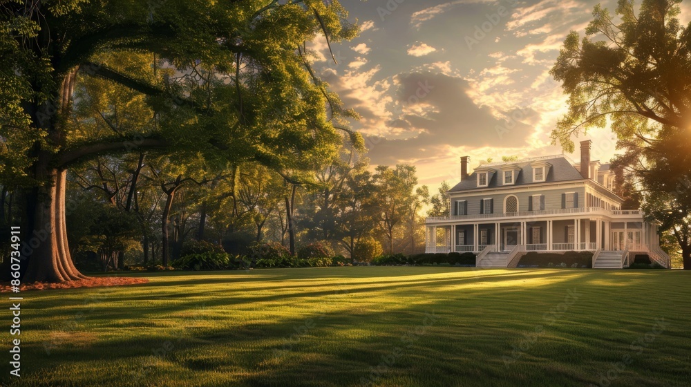 Obraz premium 3d rendering of a classic american house in the park at sunset