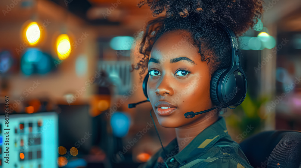 A woman wearing a headset and a camo shirt is sitting at a desk. She is wearing a headset and she is working A woman wearing a headset and a camo shirt is sitting at a desk. She is wearing a headset and she is working