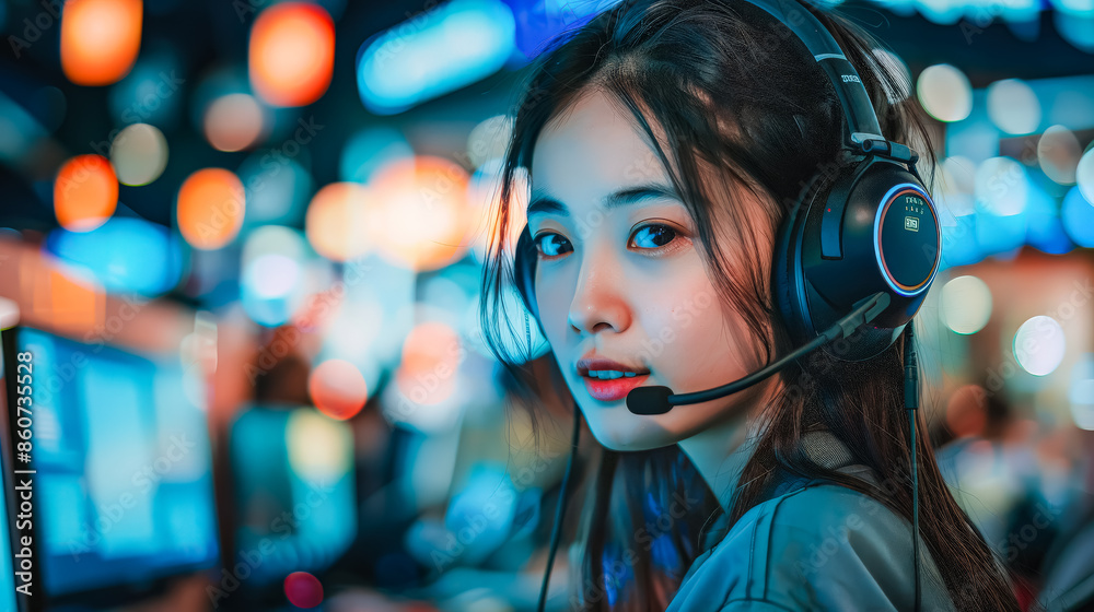 A woman wearing a headset and a camo shirt is sitting at a desk. She is wearing a headset and she is working A woman wearing a headset and a camo shirt is sitting at a desk. She is wearing a headset and she is working