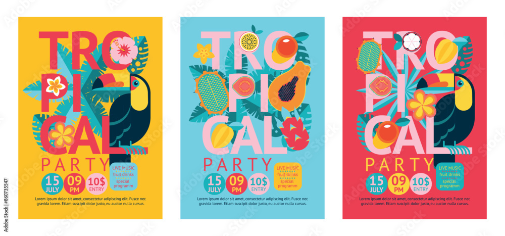 Set of tropical party flyers template. Summer party poster with toucan, exotic fruits, flowers and leaves. Background, flyer, banner. Set of tropical party flyers template. Summer party poster with toucan, exotic fruits, flowers and leaves. Background, flyer, banner.