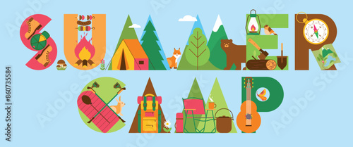 Summer camping concept with tourist equipment and nature elements. Summer camp lettering with hiking outfit and accessories. Symbol, logo, emblem, design element, background, print