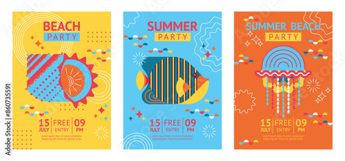 Set of summer beach party flyers template. Modern creative background with abstract geometric shell, fish,  jellyfish and design elements.