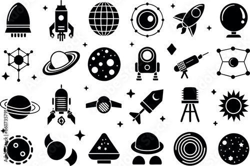 Space & Astronomy related concept  such as planet, star, moon, telescope & many more editable stroke outline icons isolated on white background flat vector illustration