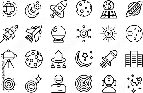 Space & Astronomy related concept  such as planet, star, moon, telescope & many more editable stroke outline icons isolated on white background flat vector illustration