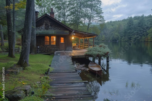 Beautiful wooden house on the lake in the forest at night.