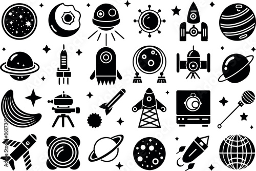 Space & Astronomy related concept  such as planet, star, moon, telescope & many more editable stroke outline icons isolated on white background flat vector illustration