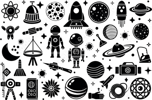 Space & Astronomy related concept  such as planet, star, moon, telescope & many more editable stroke outline icons isolated on white background flat vector illustration