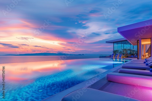 Swimming pool in luxury hotel resort with sea view and sunset background