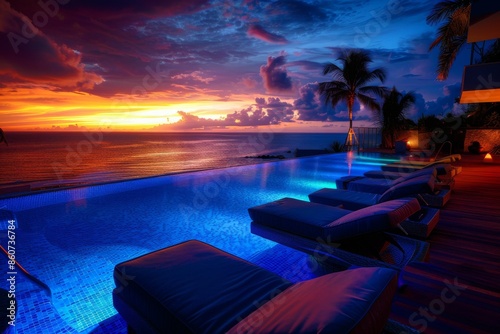 Swimming pool with sunbeds at beautiful sunset on tropical beach