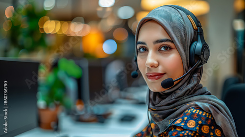 A woman wearing a headset and a scarf is sitting in front of a computer. She looks focused and serious