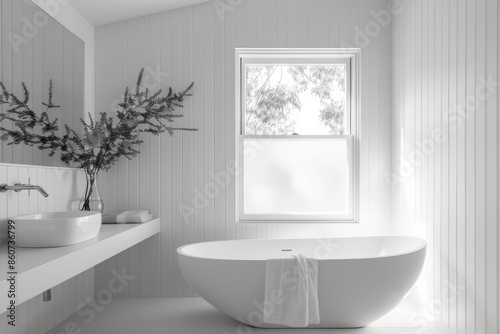 Interior of modern bathroom with white walls, white floor, comfortable white bathtub standing near window. 3d rendering