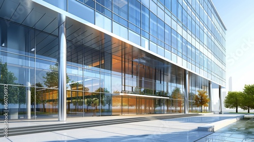 3d render of modern office building with glass facade and windows.