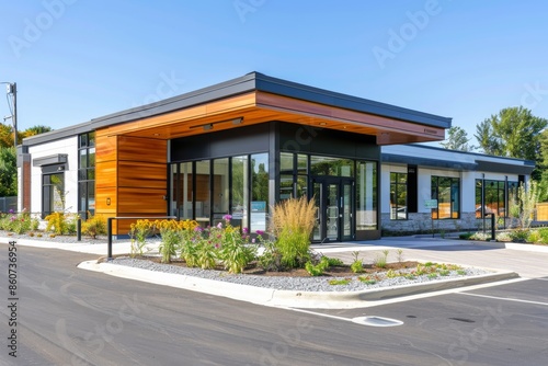 Modern office building exterior with large windows and concrete floor. Nobody inside