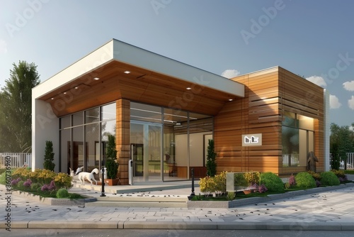 3d render of modern office building exterior with glass and wood facade