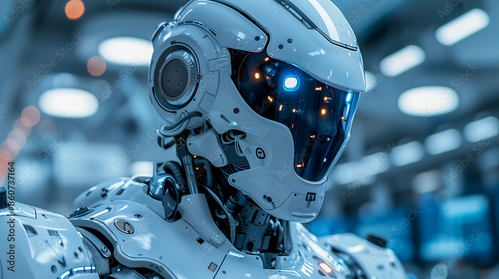 Close-up of futuristic robot head with intricate design and glowing blue eye, set in modern factory - illustrating automation in manufacturing