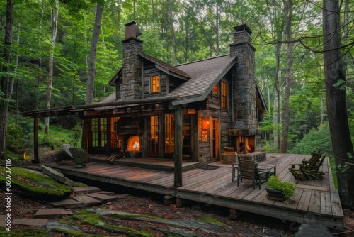 Wooden house in the woods with a fire in the foreground.