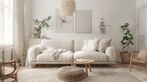 Interior of modern living room with beige sofa, coffee table and plants. 3d render