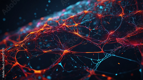 Web of interconnected neural network visualization with glowing nodes interconnected by intricate lines on a dark background, representing complex artificial intelligence pathways, Ai generative.