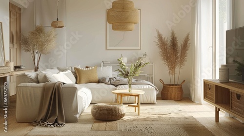 3d rendering of a modern living room interior design in beige tones