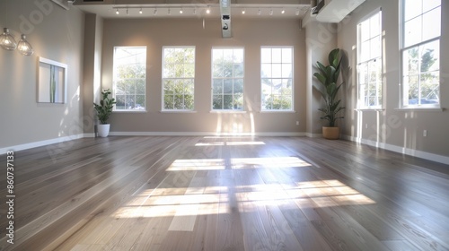 Empty room with large windows and wooden floor. 3d rendering.