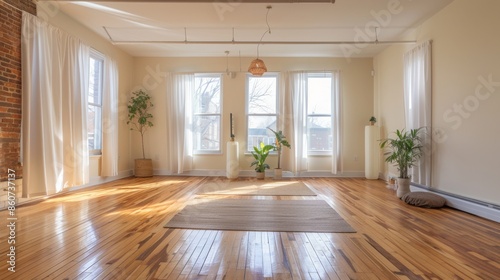 Interior of a modern room with wooden floor and large windows. Nobody inside