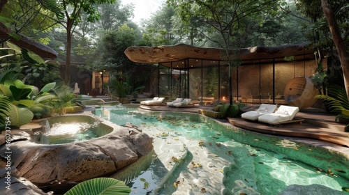 3D rendering of a pool in a tropical garden with swimming pool