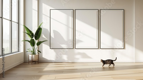 A modern living room interior featuring three solid white mock-up frames on a sleek, light-colored wall, illuminated by bright natural light pouring through large windows. A long-haired cat