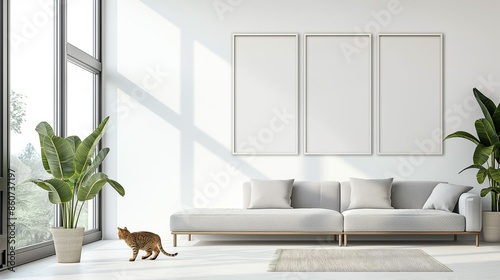 Elegant modern living room showcasing three solid white mock-up frames against a clean, white wall. The space is bathed in natural light from expansive windows, with a long-haired cat leisurely