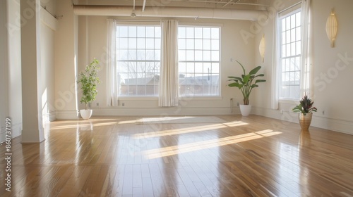 interior of a white room with a large window and a plant