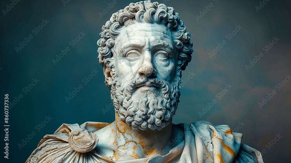 A close-up shot of a marble bust of a Roman emperor, showcasing intricate detail and a serious expression. The background is a muted teal color, creating a striking contrast A close-up shot of a marble bust of a Roman emperor, showcasing intricate detail and a serious expression. The background is a muted teal color, creating a striking contrast