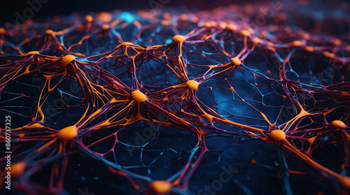 Web of interconnected neural network visualization with glowing nodes interconnected by intricate lines on a dark background, representing complex artificial intelligence pathways, Ai generative.