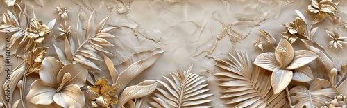 Gold floral plants and palm leaves Wallpaper Mural, 3d illustration, grey background, abstract tropical leaves, banana leaves with 3d lines. AI generated illustration