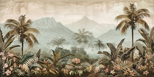 Tropical forest landscape wallpaper design - Mural wallpaper - 3D illustration. AI generated illustration