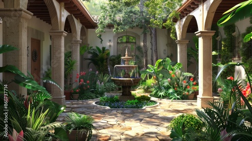 Courtyard with fountain and fountains in the garden. 3d rendering
