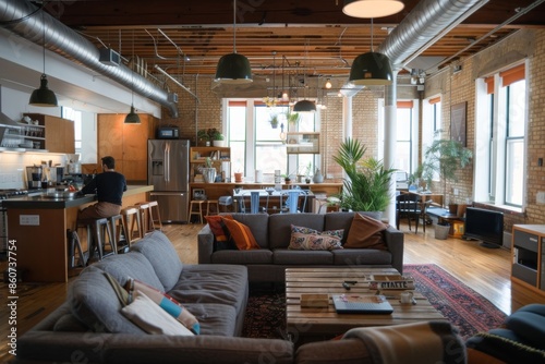 Interior of a modern coffee shop with a comfortable sofa in the foreground