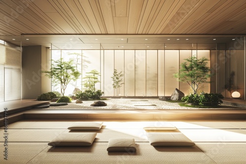 3d rendering of japanese style living room with tatami mat