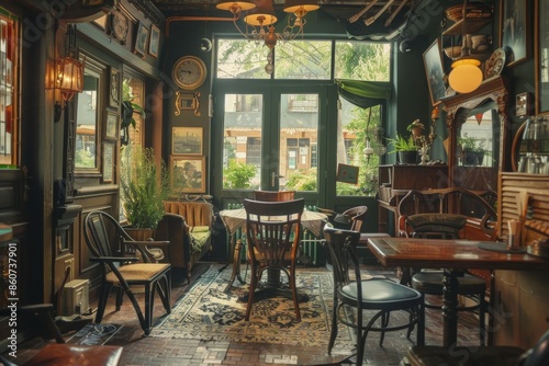 Interior of an old pub with tables and chairs, vintage style