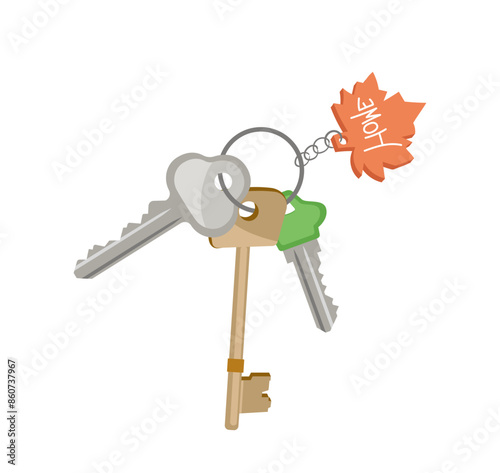 Door keys bunch on holder with cute maple leaf and lettering home word vector illustration