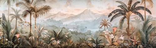 Tropical forest landscape wallpaper design - Mural wallpaper - 3D illustration. AI generated illustration