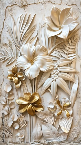 Gold floral plants and palm leaves Wallpaper Mural, 3d illustration, grey background, abstract tropical leaves, banana leaves with 3d lines. AI generated illustration