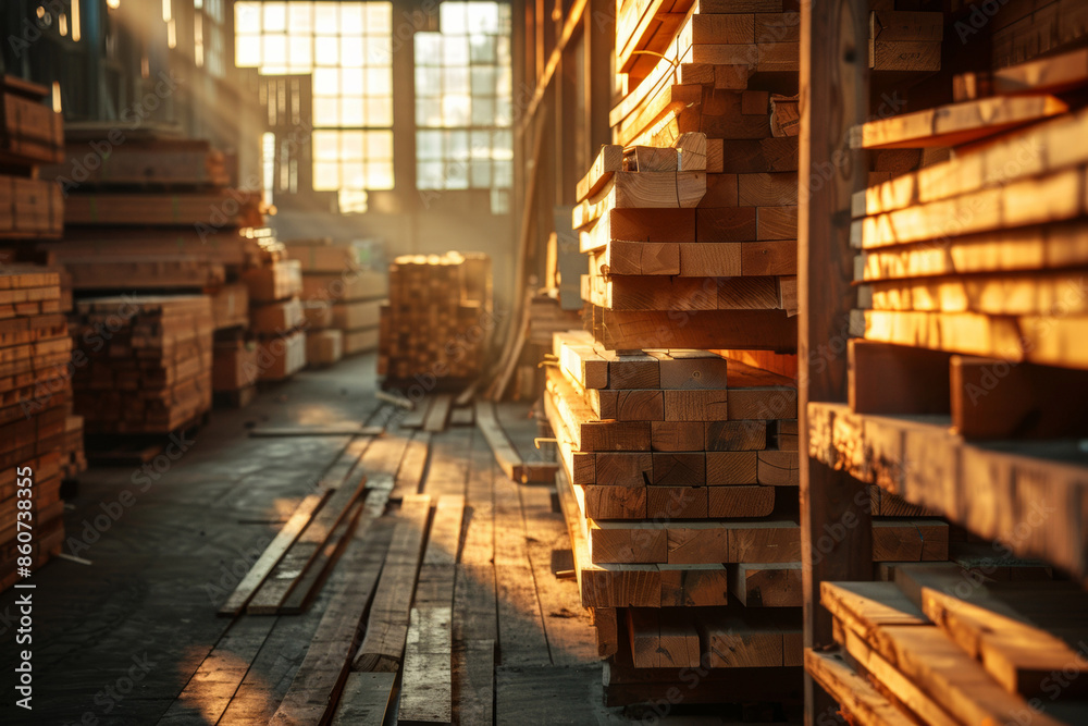 Stacks of wooden planks in a sunlit warehouse. The warm light highlights the texture and color of the timber.