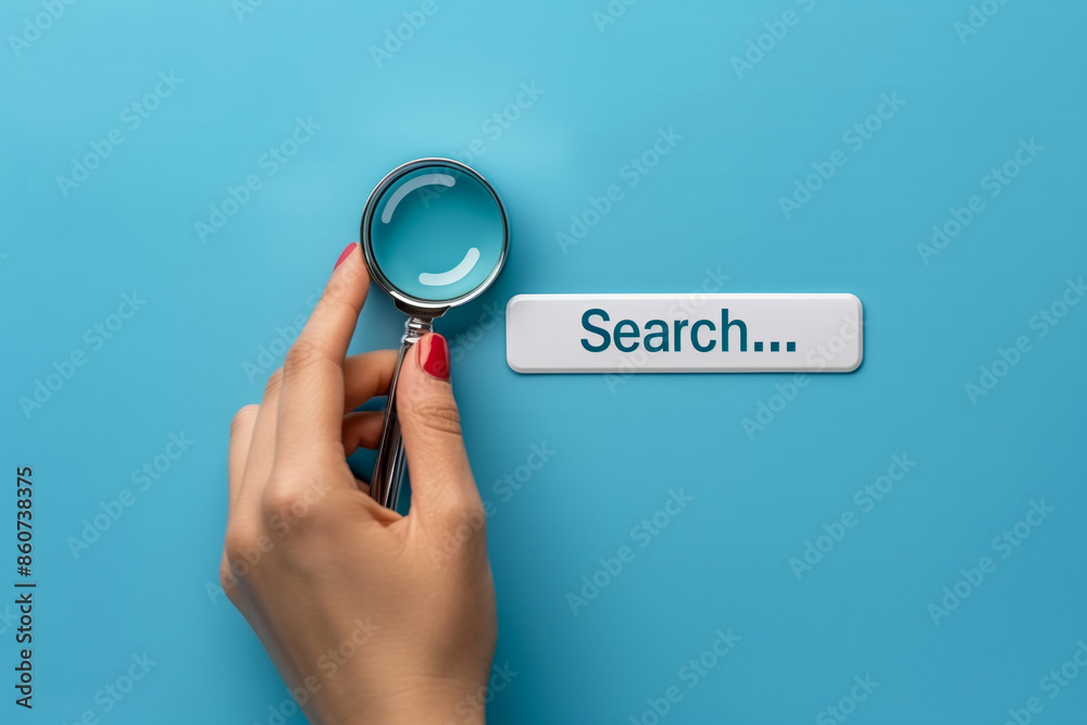 Hand holding a magnifying glass over a search button on a blue background. Concept of online searching and internet browsing. Hand holding a magnifying glass over a search button on a blue background. Concept of online searching and internet browsing.